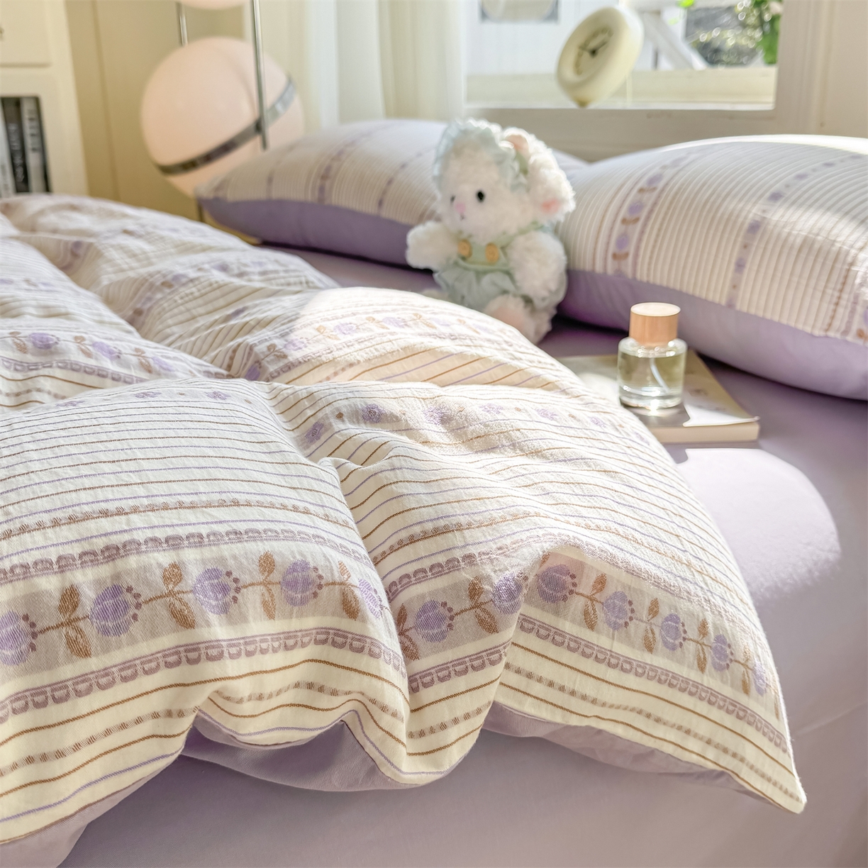 91家纺网 家纺一手货源 找家纺 灰鲸 2026新款A类全棉纯棉色织提花四件套 木槿-紫