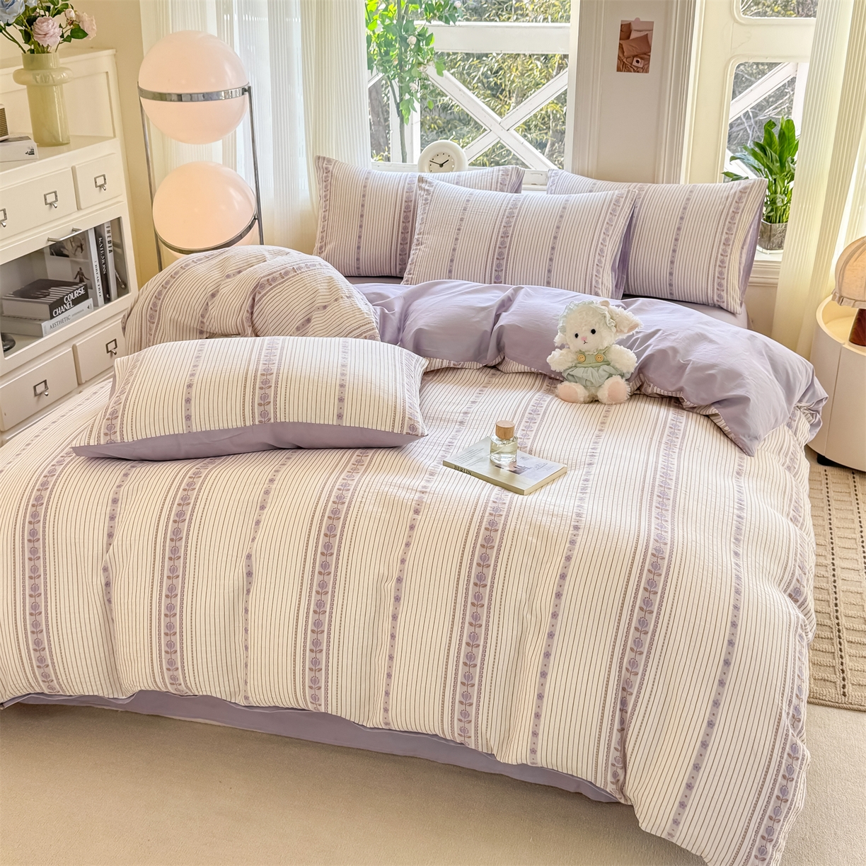 91家纺网 家纺一手货源 找家纺 灰鲸 2026新款A类全棉纯棉色织提花四件套 木槿-紫