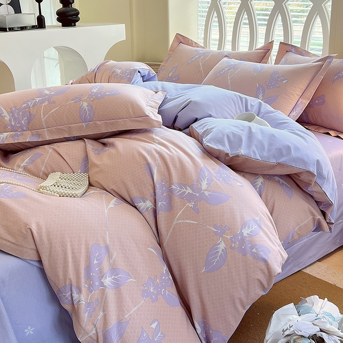 91家纺网 家纺一手货源 找家纺 梧桐树 2026新款高支密全棉纯棉印花四件套 A46午后花茶-紫