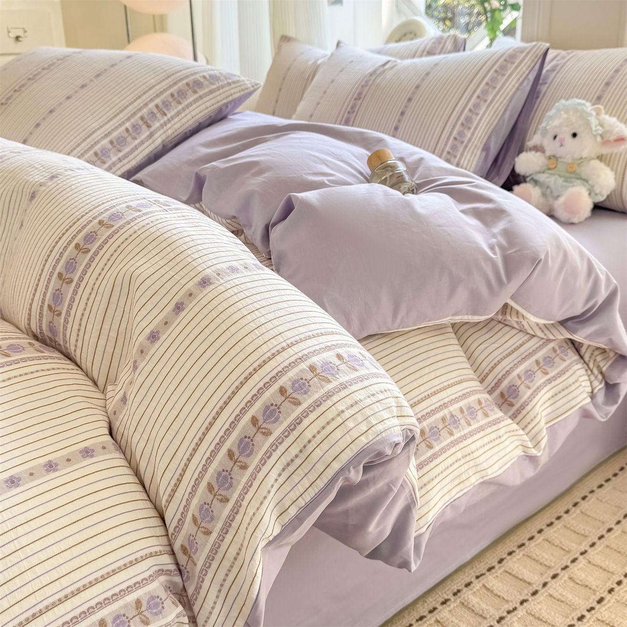 91家纺网 家纺一手货源 找家纺 灰鲸 2026新款A类全棉纯棉色织提花四件套 木槿-紫