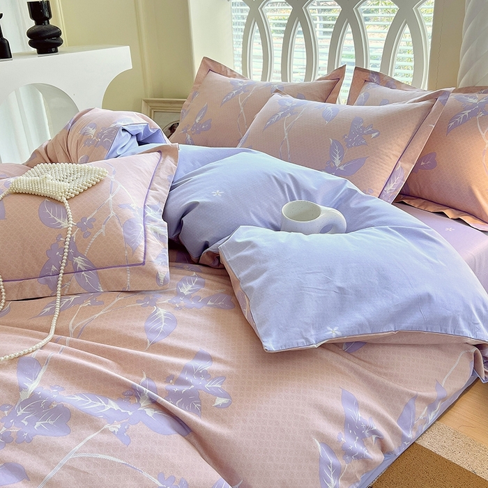 91家纺网 家纺一手货源 找家纺 梧桐树 2026新款高支密全棉纯棉印花四件套 A46午后花茶-紫