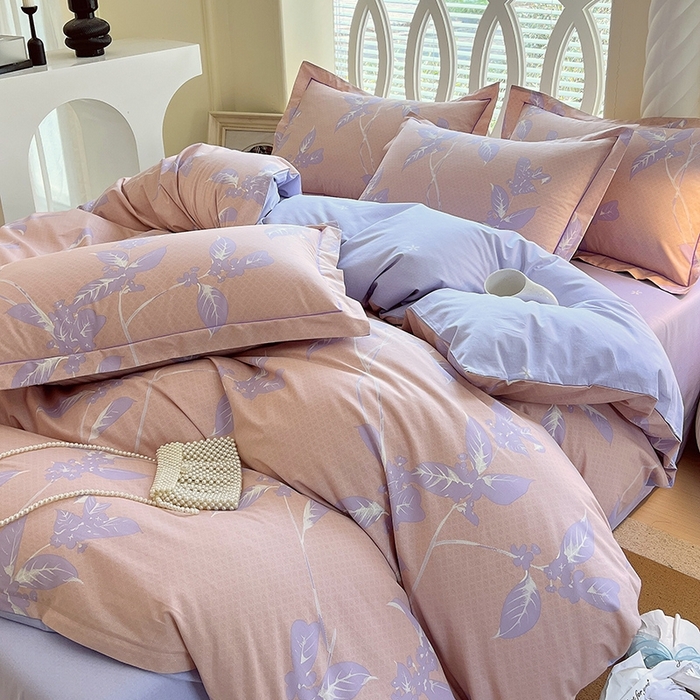 91家纺网 家纺一手货源 找家纺 梧桐树 2026新款高支密全棉纯棉印花四件套 A46午后花茶-紫