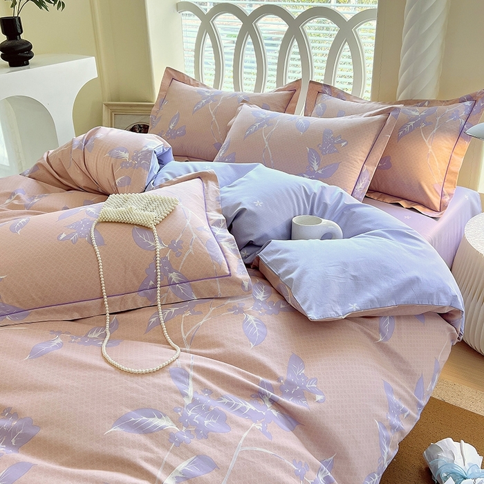 91家纺网 家纺一手货源 找家纺 梧桐树 2026新款高支密全棉纯棉印花四件套 A46午后花茶-紫