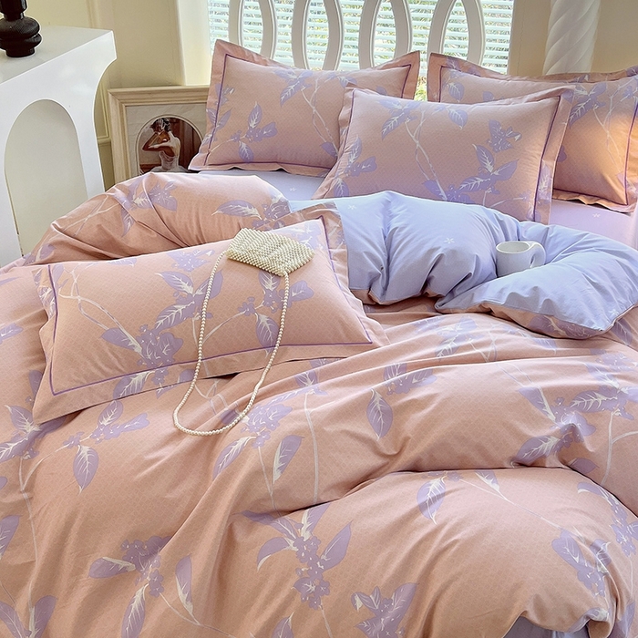 91家纺网 家纺一手货源 找家纺 梧桐树 2026新款高支密全棉纯棉印花四件套 A46午后花茶-紫