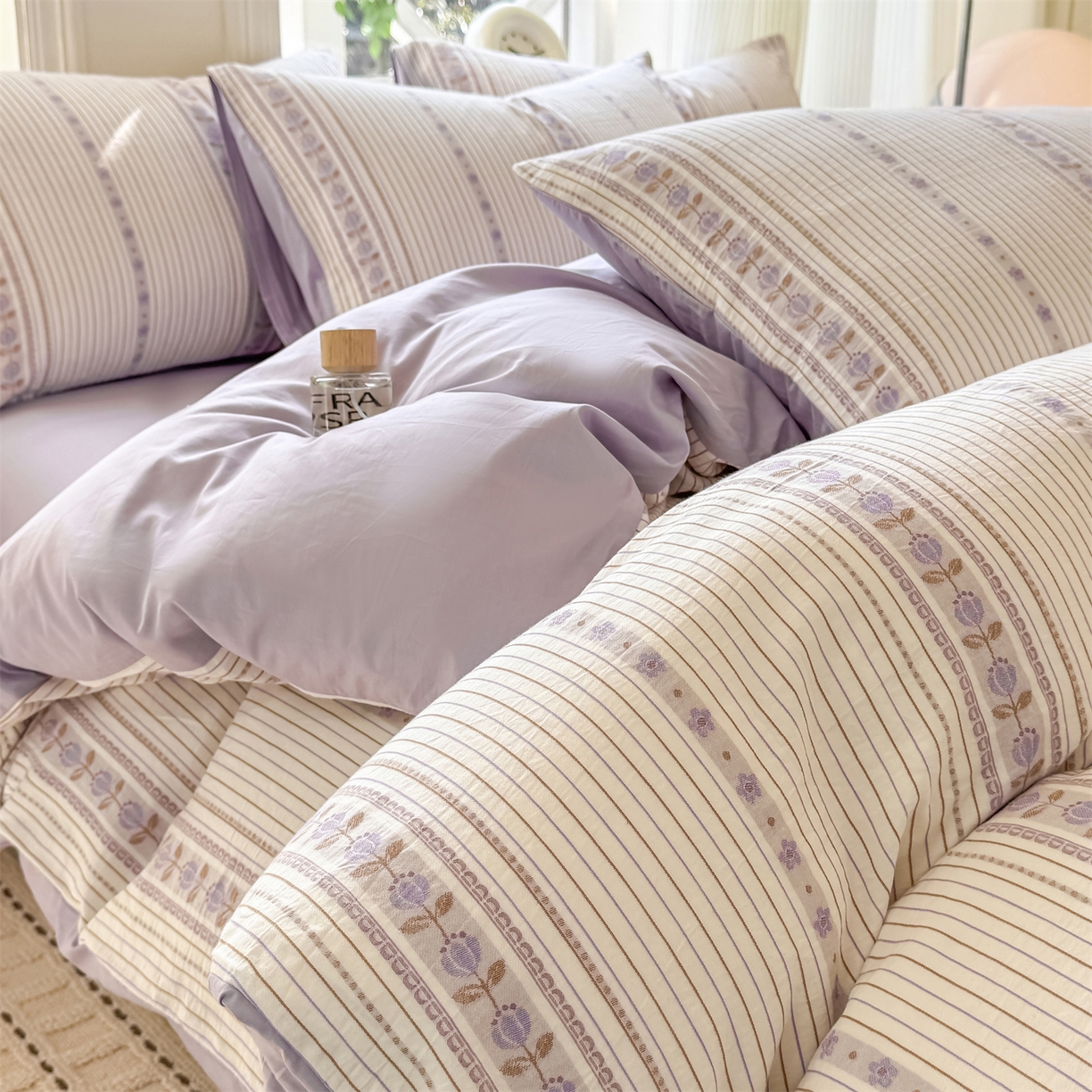 91家纺网 家纺一手货源 找家纺 灰鲸 2026新款A类全棉纯棉色织提花四件套 木槿-紫