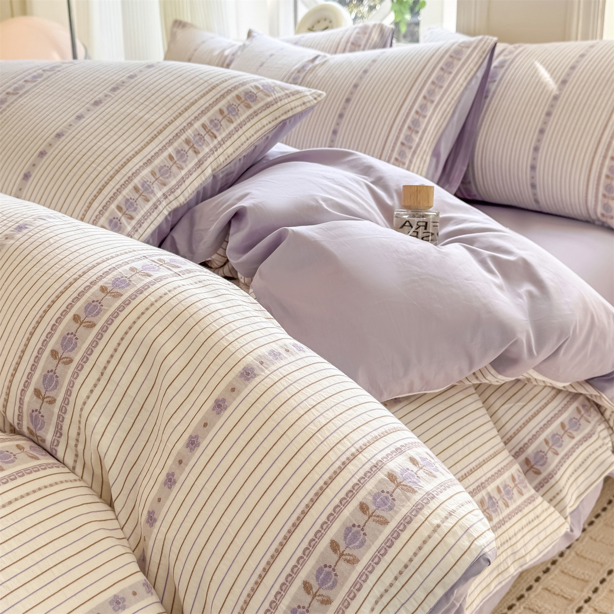 91家纺网 家纺一手货源 找家纺 灰鲸 2026新款A类全棉纯棉色织提花四件套 木槿-紫