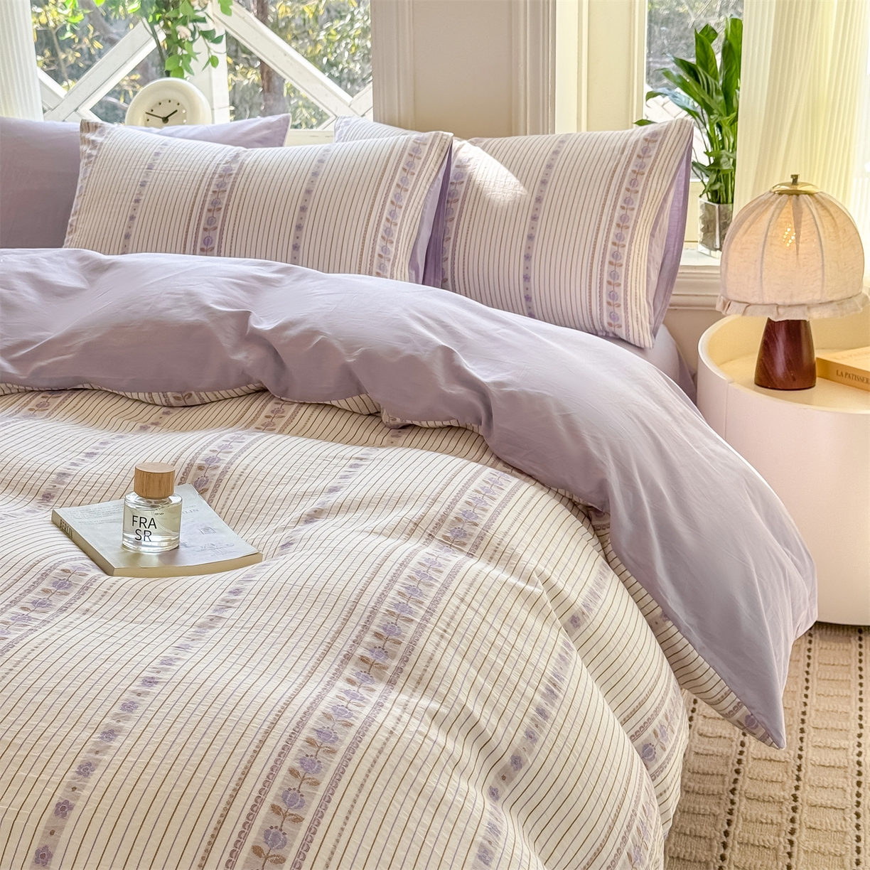 91家纺网 家纺一手货源 找家纺 灰鲸 2026新款A类全棉纯棉色织提花四件套 木槿-紫