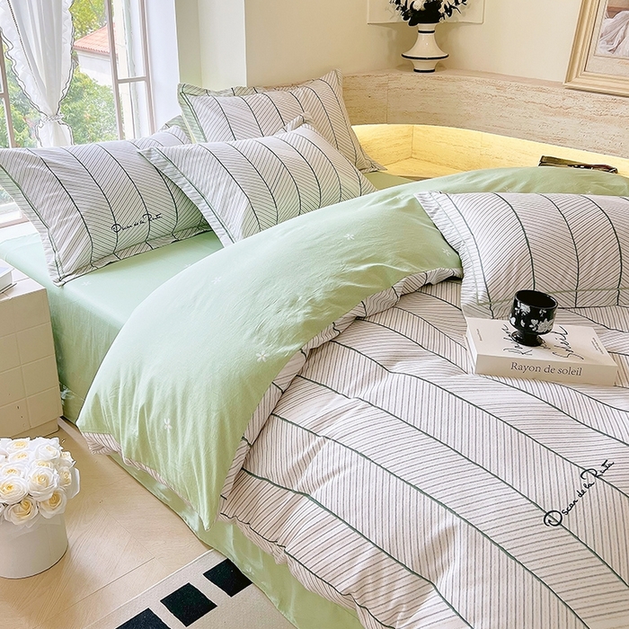 91家纺网 家纺一手货源 找家纺 梧桐树 2026新款高支密全棉纯棉印花四件套 A47小资风格绿