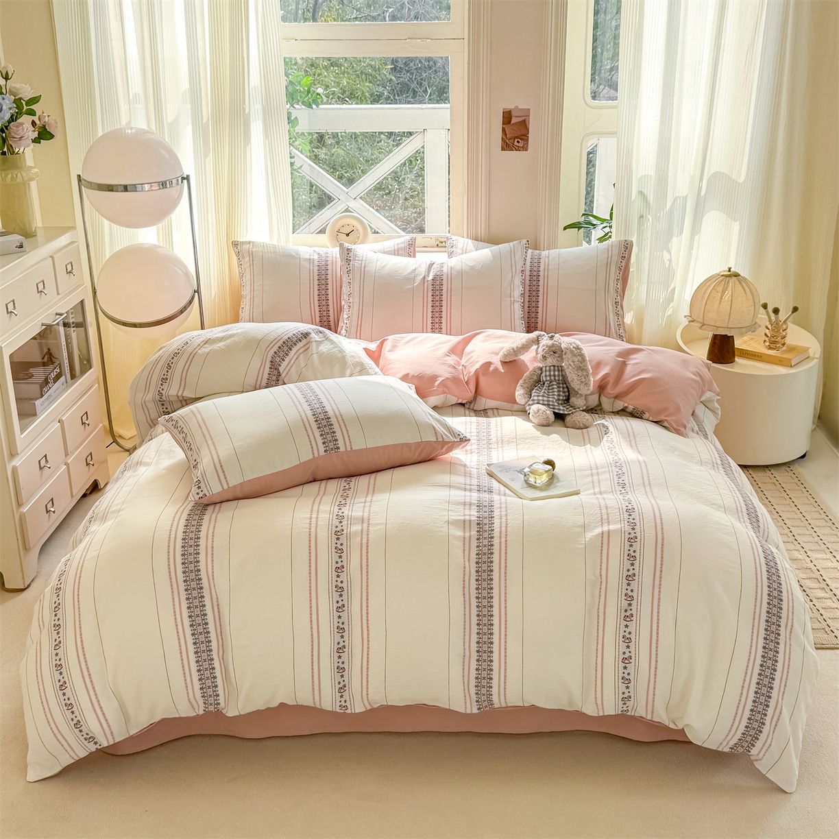 91家纺网 家纺一手货源 找家纺 灰鲸 2026新款A类全棉纯棉色织提花四件套 费尔岛小马-粉