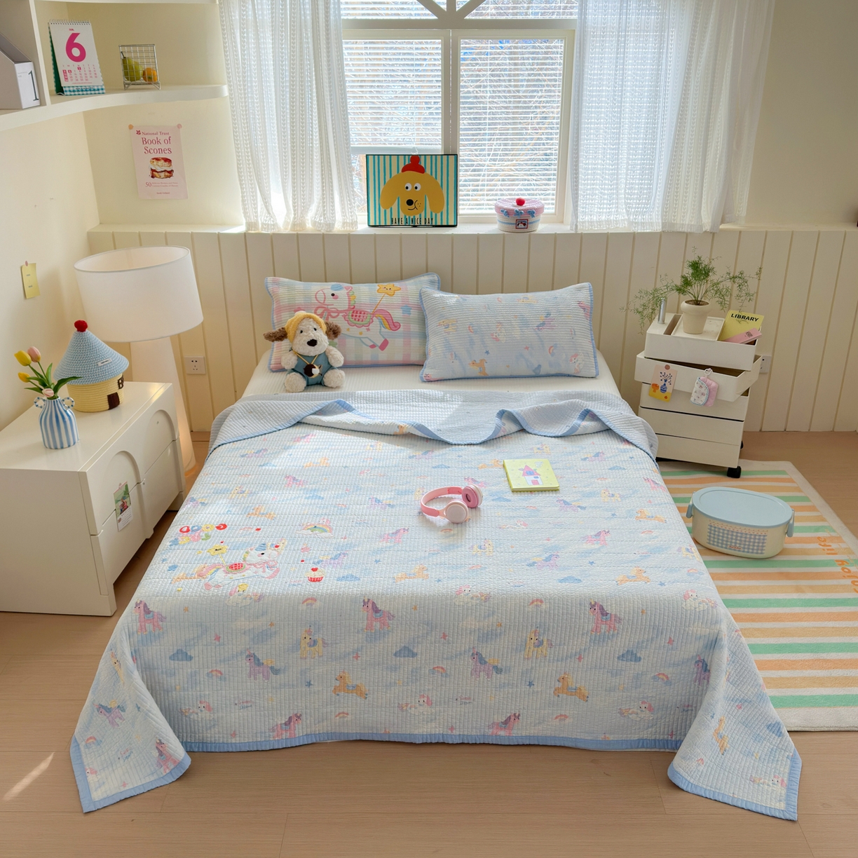 91家纺网 家纺一手货源 找家纺 女子家纺 2026新款双面纯棉水洗两用毛巾绣床盖四件套-第一波 床盖款-马上有钱蓝