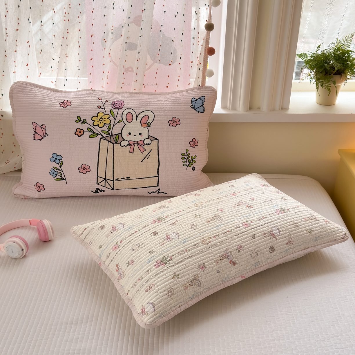 91家纺网 家纺一手货源 找家纺 女子家纺 2026新款双面纯棉水洗两用毛巾绣床盖四件套-第一波 床盖款-小兔花园