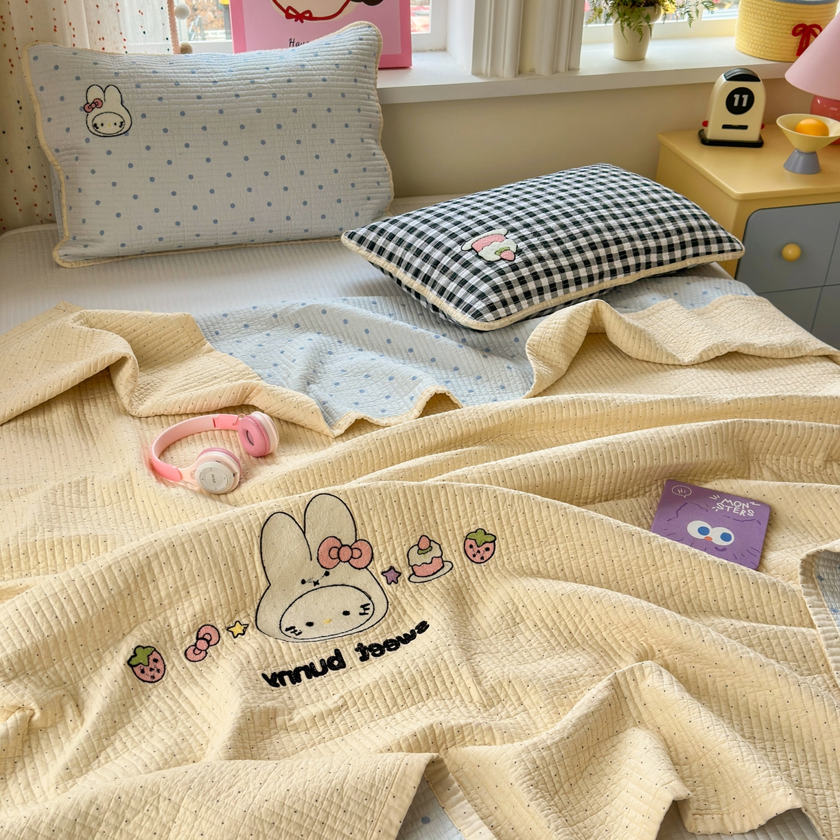 91家纺网 家纺一手货源 找家纺 女子家纺 2026新款双面纯棉水洗两用毛巾绣床盖四件套-第一波 床盖款-米菲兔兔