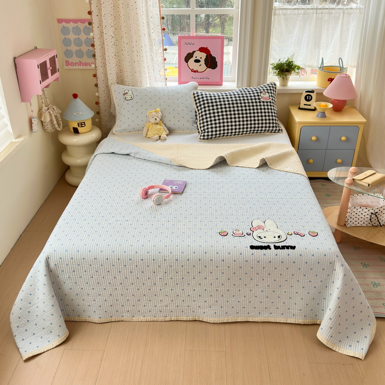 女子家纺 2026新款双面纯棉水洗两用毛巾绣床盖四件套-第一波 床盖款-米菲兔兔