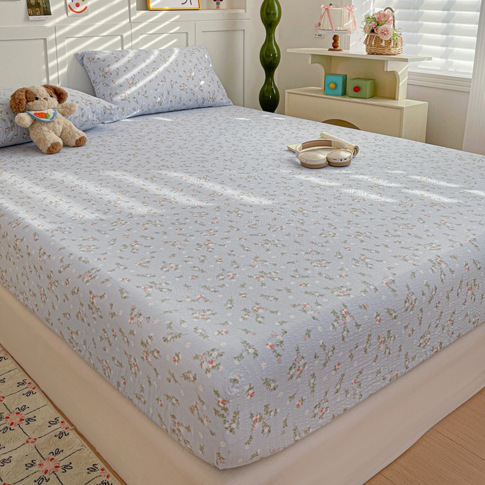 91家纺网 家纺一手货源 找家纺 小桃姐家纺 2025新款超柔印花云感泡芙双层纱床笠单件床笠二三件套 花影兰