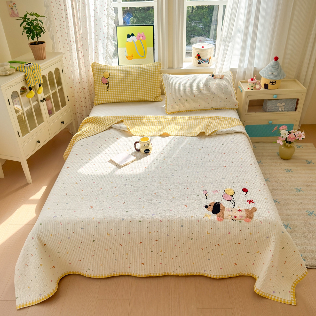 女子家纺 2026新款双面纯棉水洗两用毛巾绣床盖四件套-第一波 床盖款-气球狗