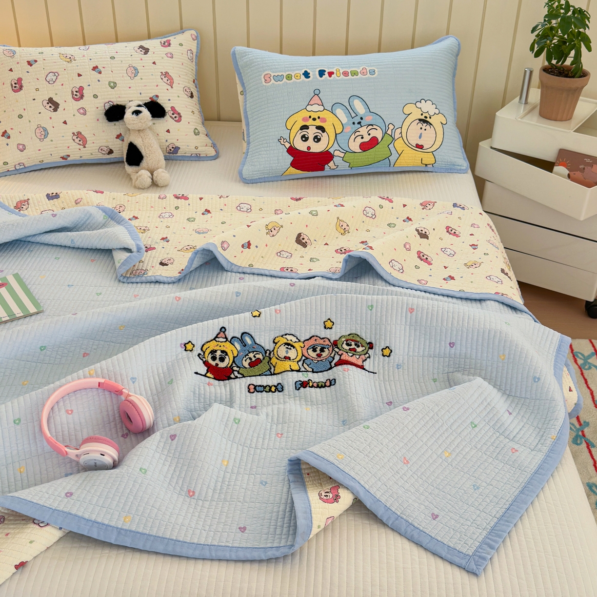 91家纺网 家纺一手货源 找家纺 女子家纺 2026新款双面纯棉水洗两用毛巾绣床盖四件套-第一波 床盖款-糖果乐园