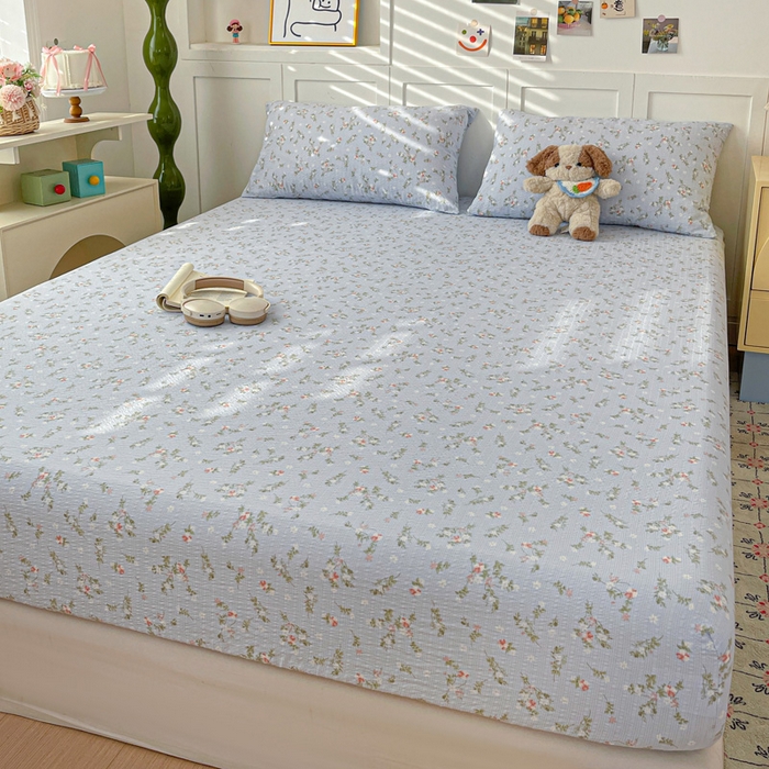 91家纺网 家纺一手货源 找家纺 小桃姐家纺 2025新款超柔印花云感泡芙双层纱床笠单件床笠二三件套 花影兰