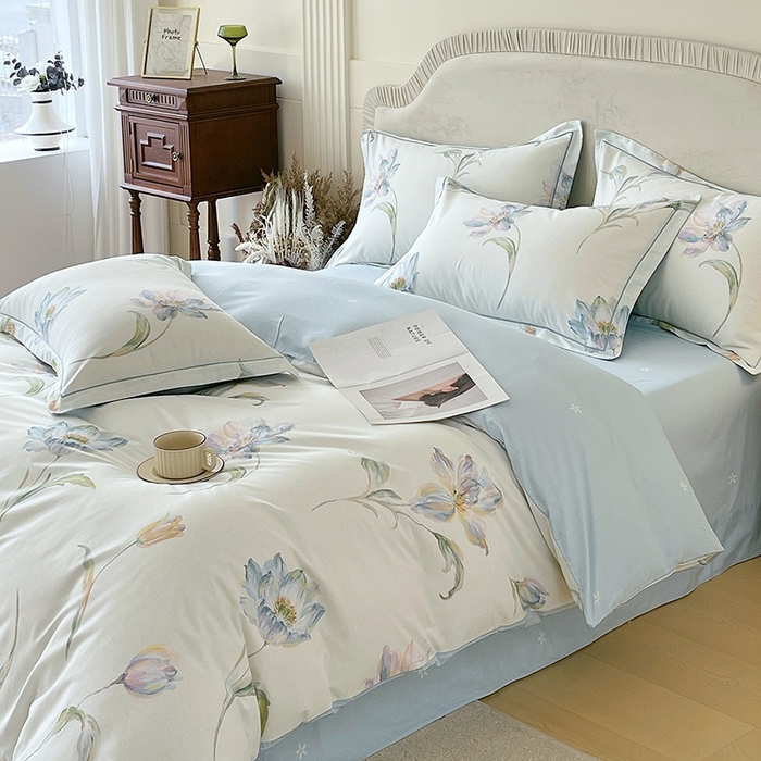 91家纺网 家纺一手货源 找家纺 梧桐树 2026新款高支密全棉纯棉印花四件套 A49清雅兰