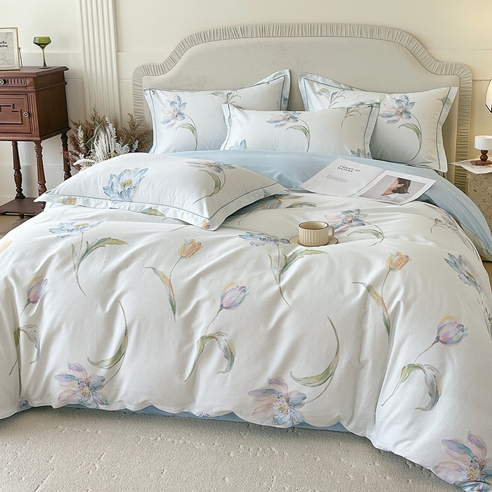 91家纺网 家纺一手货源 找家纺 梧桐树 2026新款高支密全棉纯棉印花四件套 A49清雅兰