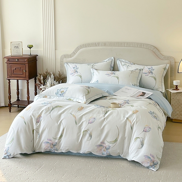 91家纺网 家纺一手货源 找家纺 梧桐树 2026新款高支密全棉纯棉印花四件套 A49清雅兰