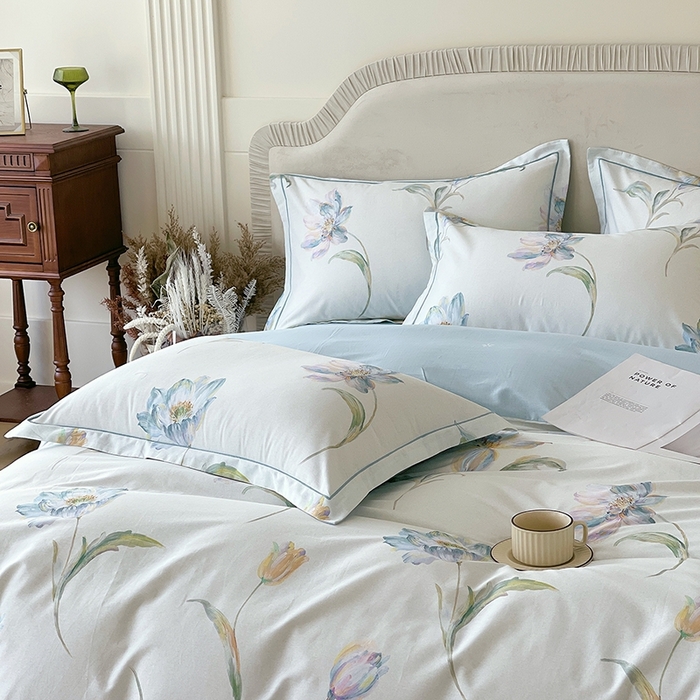 91家纺网 家纺一手货源 找家纺 梧桐树 2026新款高支密全棉纯棉印花四件套 A49清雅兰