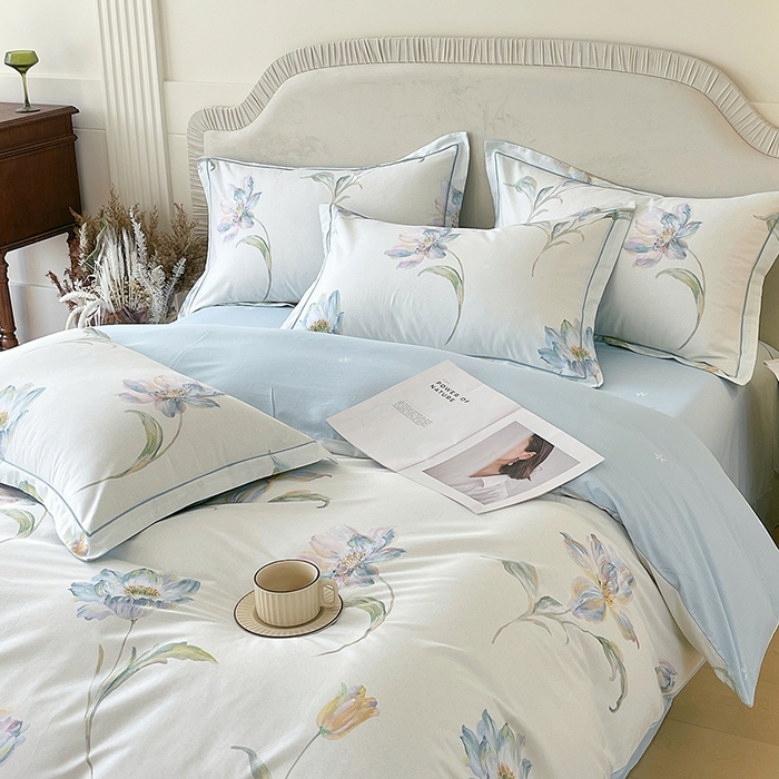 91家纺网 家纺一手货源 找家纺 梧桐树 2026新款高支密全棉纯棉印花四件套 A49清雅兰