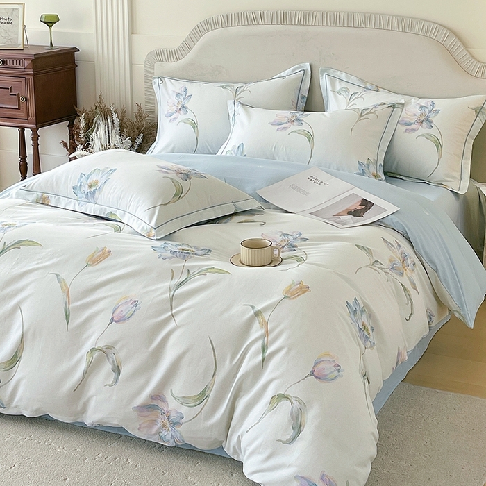 91家纺网 家纺一手货源 找家纺 梧桐树 2026新款高支密全棉纯棉印花四件套 A49清雅兰