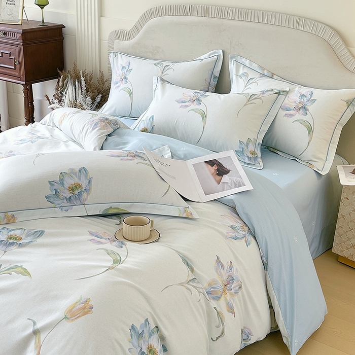 91家纺网 家纺一手货源 找家纺 梧桐树 2026新款高支密全棉纯棉印花四件套 A49清雅兰