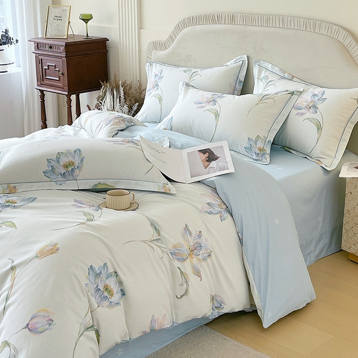 91家纺网 家纺一手货源 找家纺 梧桐树 2026新款高支密全棉纯棉印花四件套 A49清雅兰