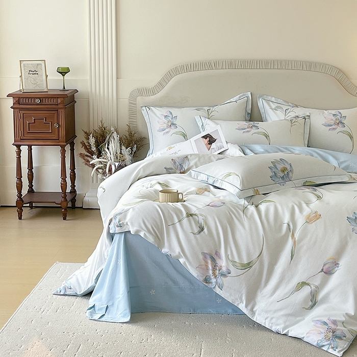 91家纺网 家纺一手货源 找家纺 梧桐树 2026新款高支密全棉纯棉印花四件套 A49清雅兰