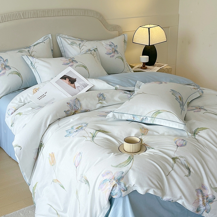 91家纺网 家纺一手货源 找家纺 梧桐树 2026新款高支密全棉纯棉印花四件套 A49清雅兰