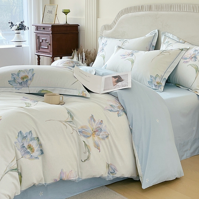 91家纺网 家纺一手货源 找家纺 梧桐树 2026新款高支密全棉纯棉印花四件套 A49清雅兰