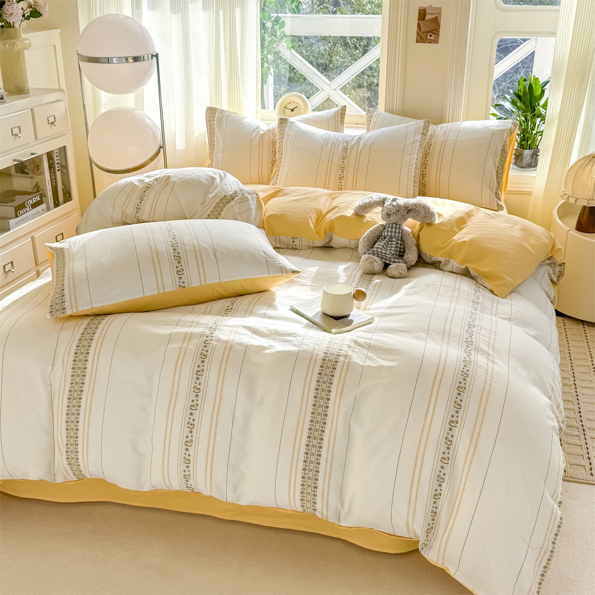 91家纺网 家纺一手货源 找家纺 灰鲸 2026新款A类全棉纯棉色织提花四件套 费尔岛小马-黄