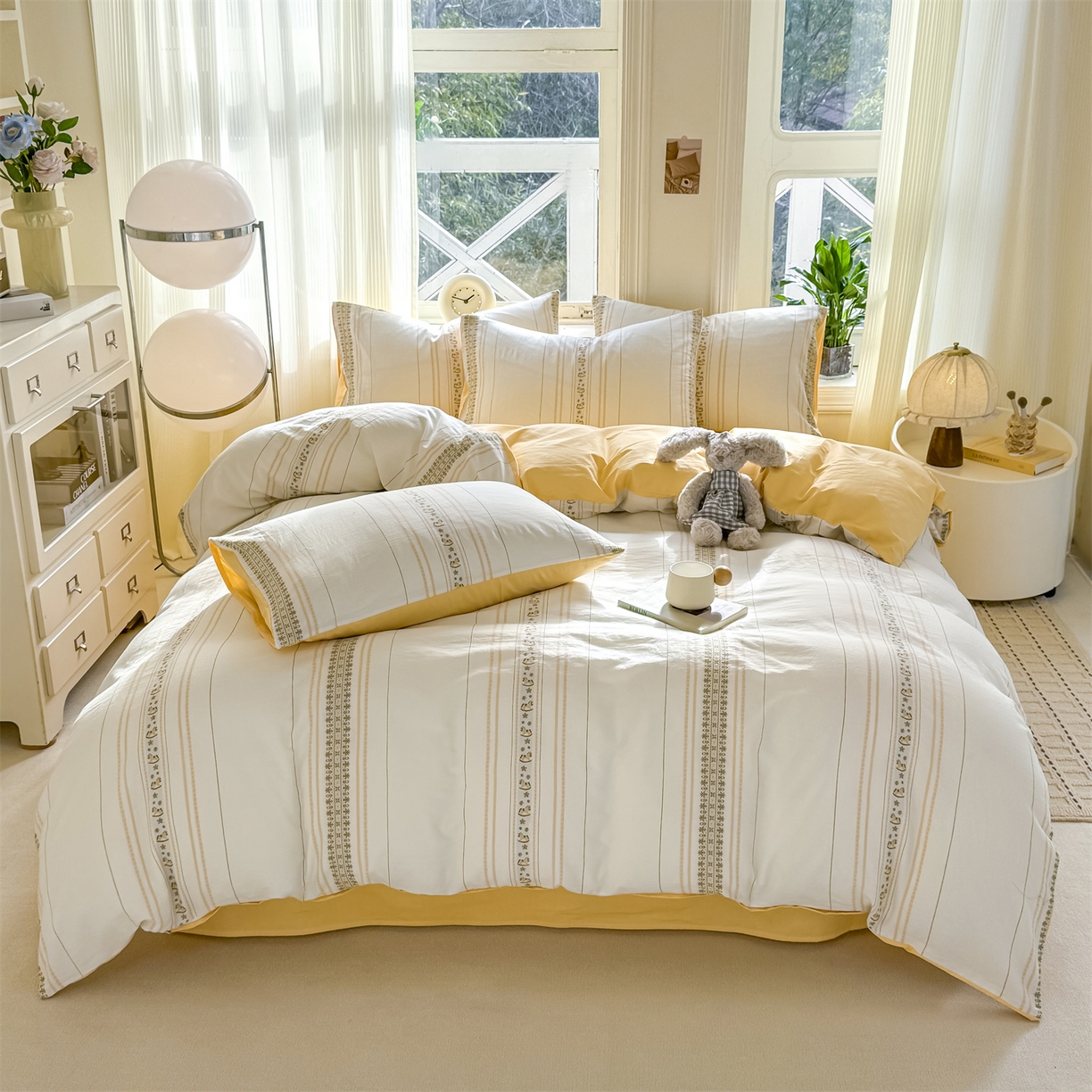 91家纺网 家纺一手货源 找家纺 灰鲸 2026新款A类全棉纯棉色织提花四件套 费尔岛小马-黄