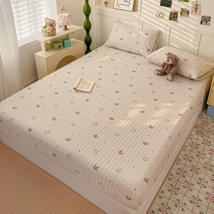 91家纺网 家纺一手货源 找家纺 小桃姐家纺 2025新款超柔印花云感泡芙双层纱床笠单件床笠二三件套 快乐小马