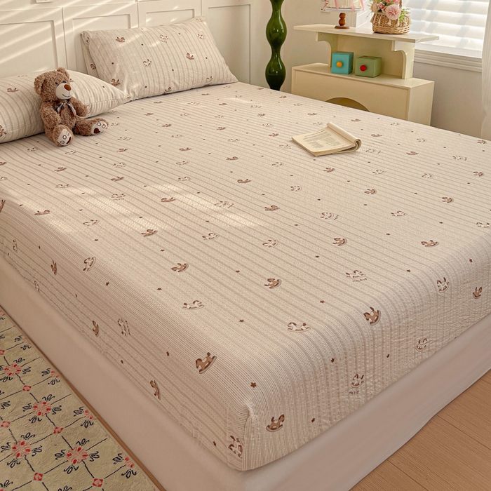 91家纺网 家纺一手货源 找家纺 小桃姐家纺 2025新款超柔印花云感泡芙双层纱床笠单件床笠二三件套 快乐小马