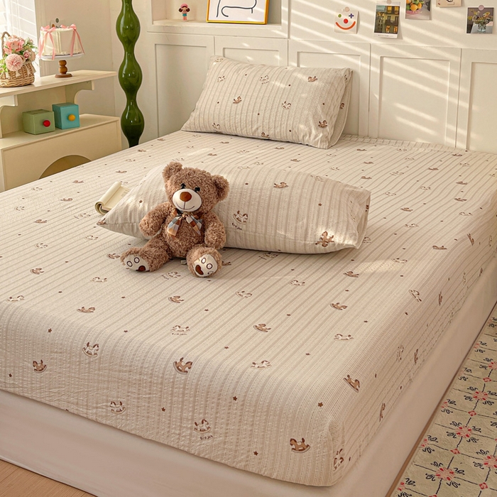 91家纺网 家纺一手货源 找家纺 小桃姐家纺 2025新款超柔印花云感泡芙双层纱床笠单件床笠二三件套 快乐小马