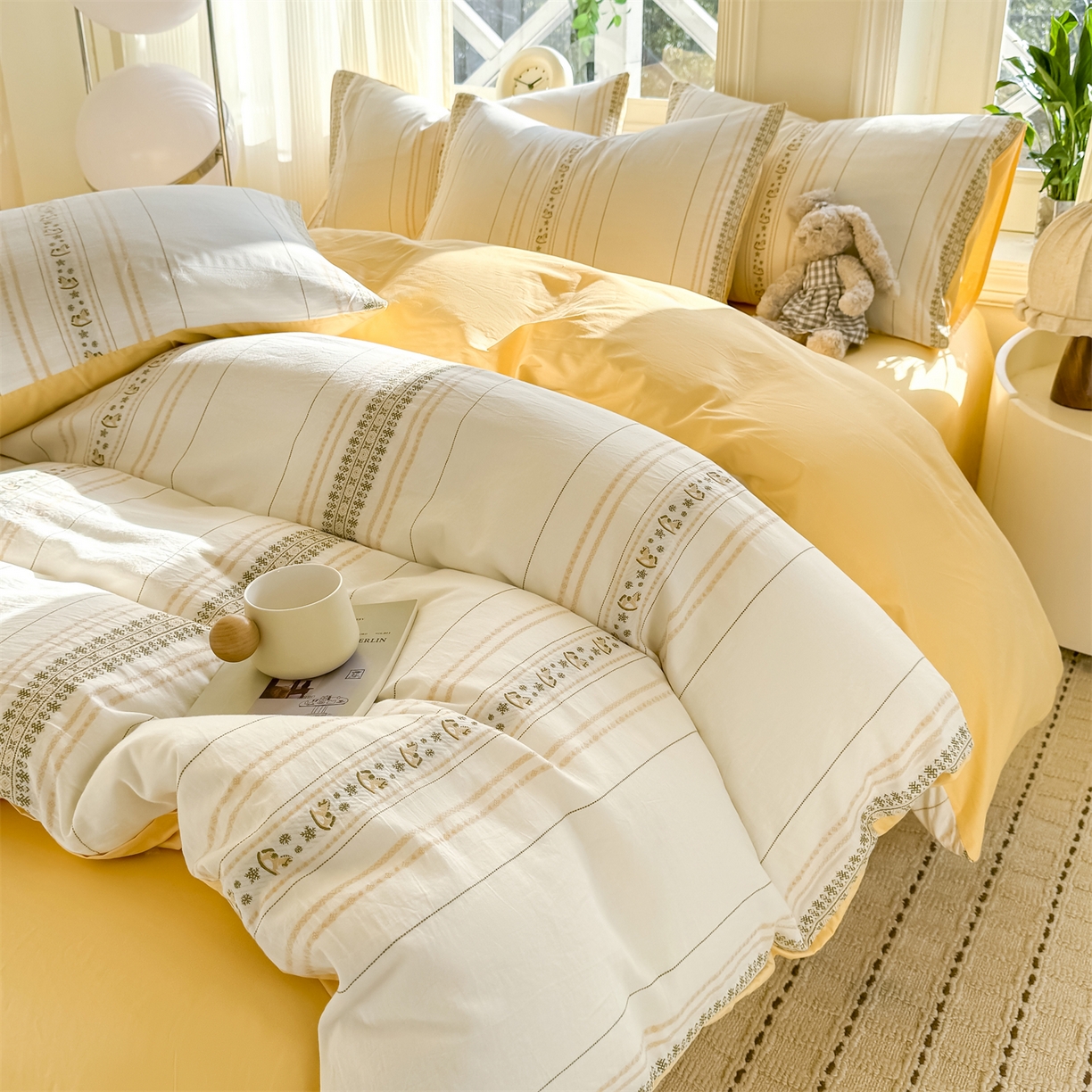 91家纺网 家纺一手货源 找家纺 灰鲸 2026新款A类全棉纯棉色织提花四件套 费尔岛小马-黄