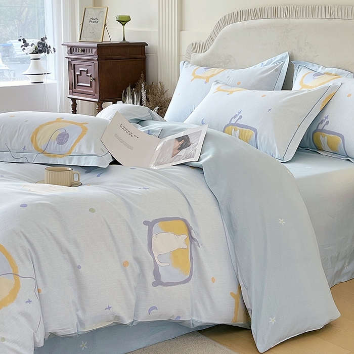 91家纺网 家纺一手货源 找家纺 梧桐树 2026新款高支密全棉纯棉印花四件套 A601机器猫 兰