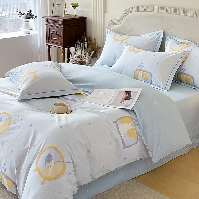 91家纺网 家纺一手货源 找家纺 梧桐树 2026新款高支密全棉纯棉印花四件套 A601机器猫 兰