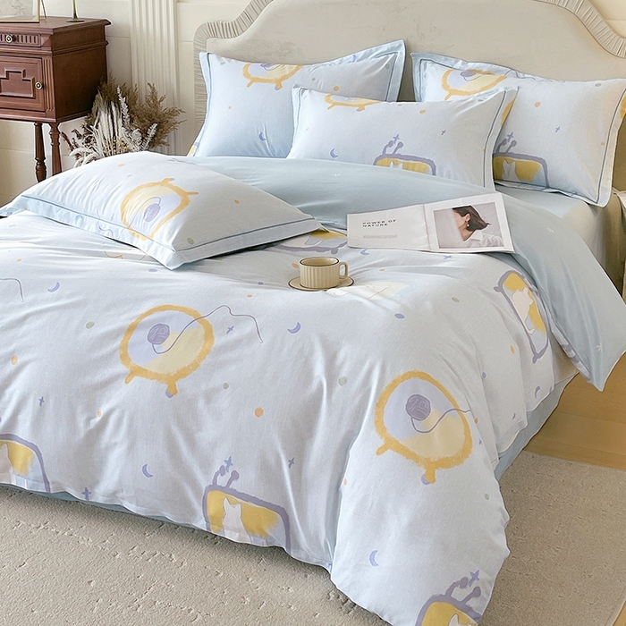 91家纺网 家纺一手货源 找家纺 梧桐树 2026新款高支密全棉纯棉印花四件套 A601机器猫 兰