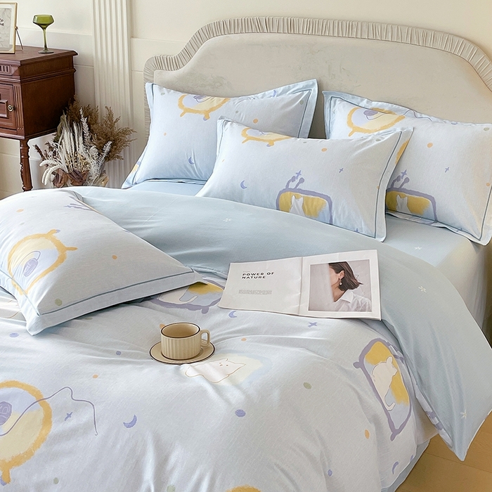 91家纺网 家纺一手货源 找家纺 梧桐树 2026新款高支密全棉纯棉印花四件套 A601机器猫 兰