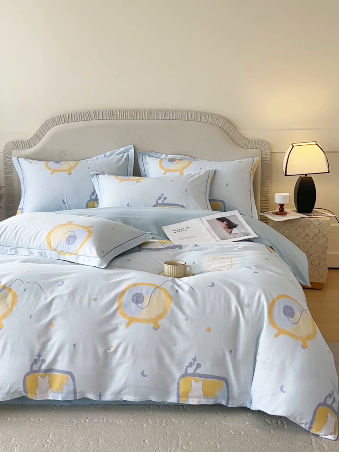 91家纺网 家纺一手货源 找家纺 梧桐树 2026新款高支密全棉纯棉印花四件套 A601机器猫 兰