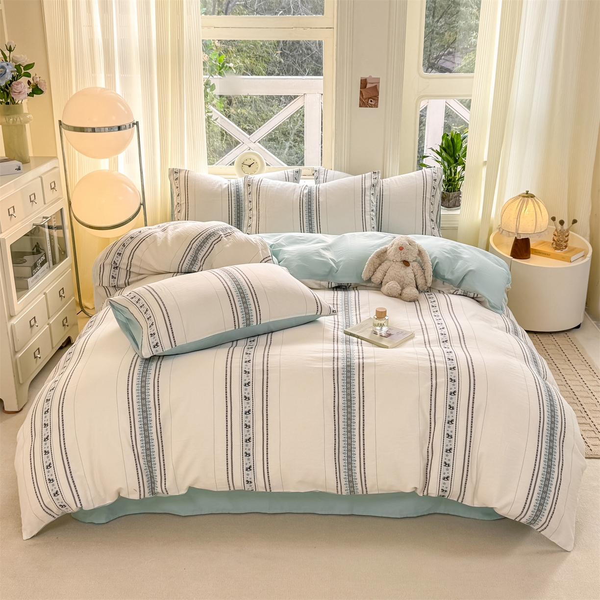 91家纺网 家纺一手货源 找家纺 灰鲸 2026新款A类全棉纯棉色织提花四件套 费尔岛小马-蓝