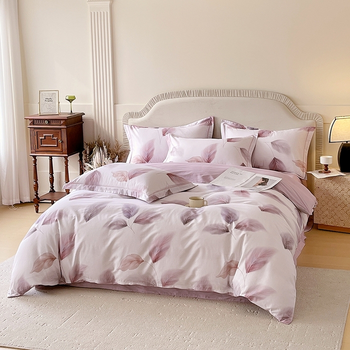 91家纺网 家纺一手货源 找家纺 梧桐树 2026新款高支密全棉纯棉印花四件套 A602风之羽紫