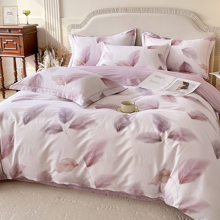 91家纺网 家纺一手货源 找家纺 梧桐树 2026新款高支密全棉纯棉印花四件套 A602风之羽紫