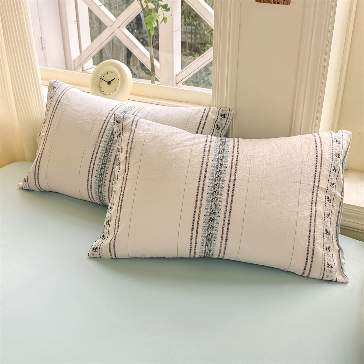 91家纺网 家纺一手货源 找家纺 灰鲸 2026新款A类全棉纯棉色织提花四件套 费尔岛小马-蓝