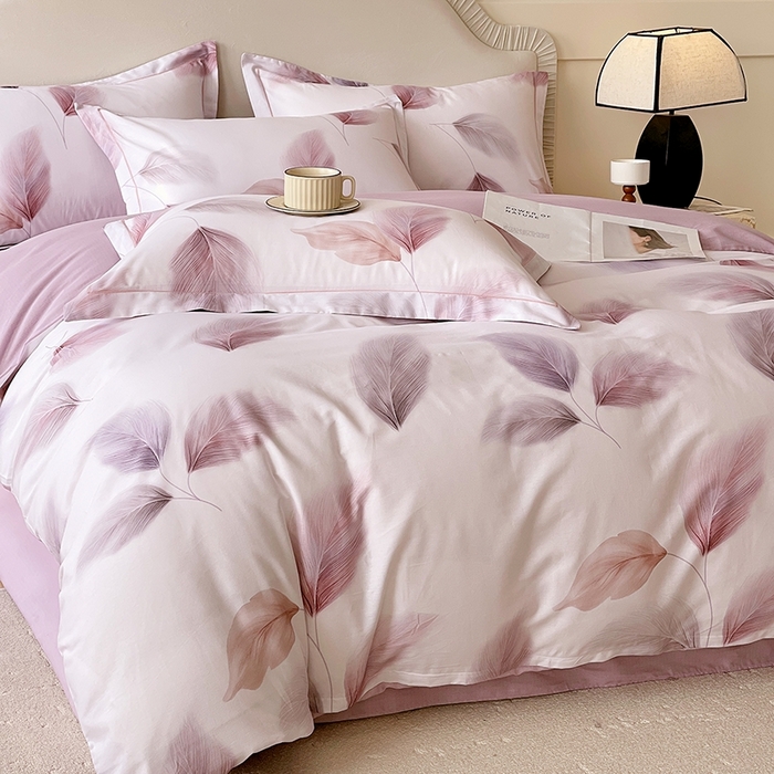 91家纺网 家纺一手货源 找家纺 梧桐树 2026新款高支密全棉纯棉印花四件套 A602风之羽紫