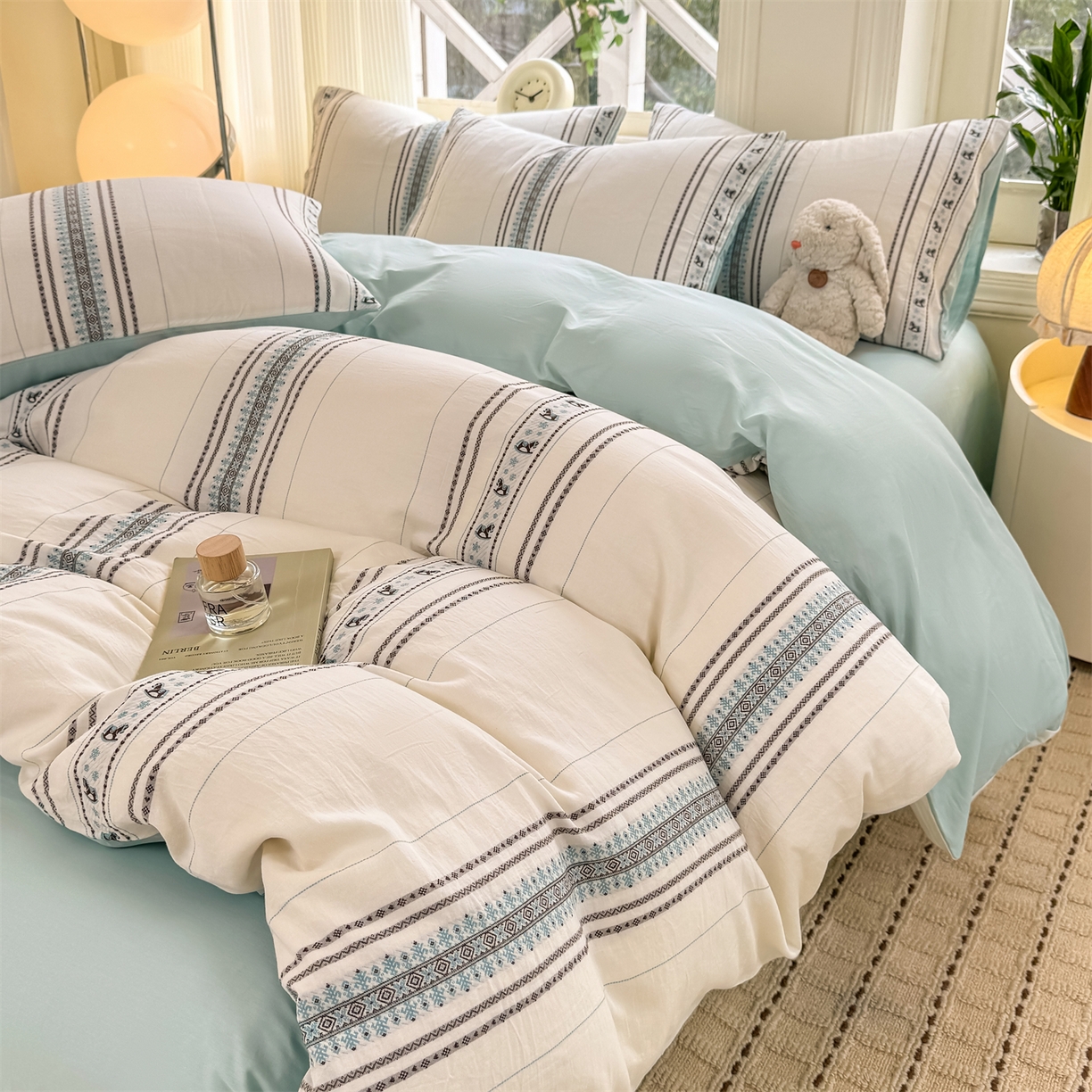 91家纺网 家纺一手货源 找家纺 灰鲸 2026新款A类全棉纯棉色织提花四件套 费尔岛小马-蓝