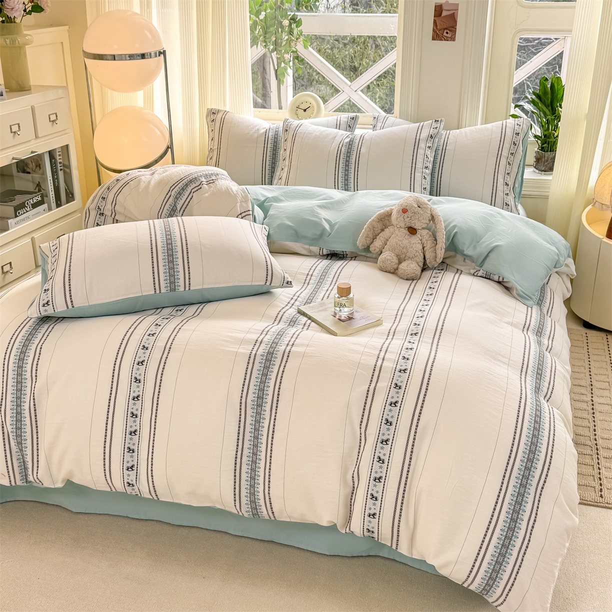 91家纺网 家纺一手货源 找家纺 灰鲸 2026新款A类全棉纯棉色织提花四件套 费尔岛小马-蓝